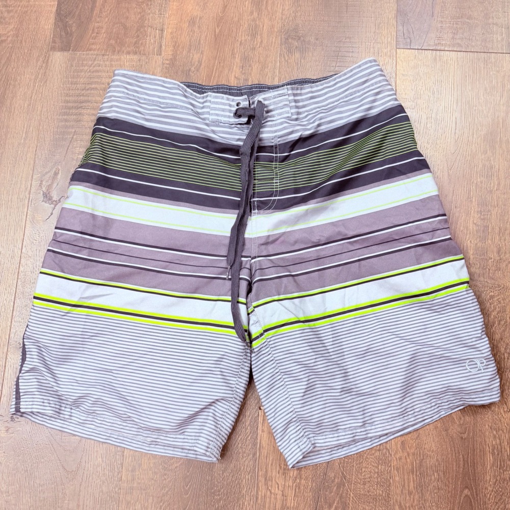 Ocean Pacific OP Mens L 36-38 Gray Striped Board Shorts Swim Trunks Surf